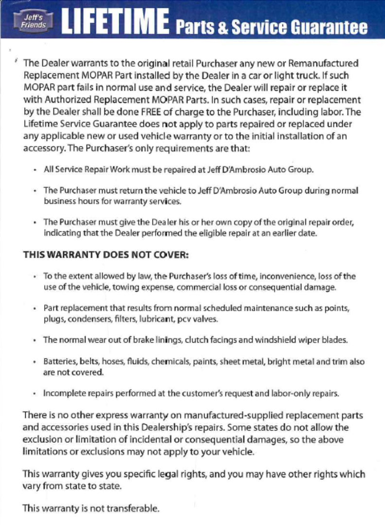 LIFETIME Parts & Service Guarantee